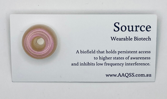 Wearable biotech device with a card explaining its function on a white background